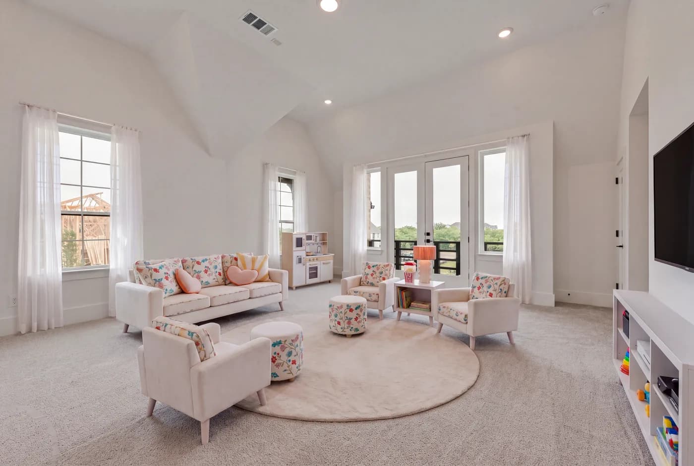 Playroom at 821 Oleander, wide frame and the embroidered detail within it