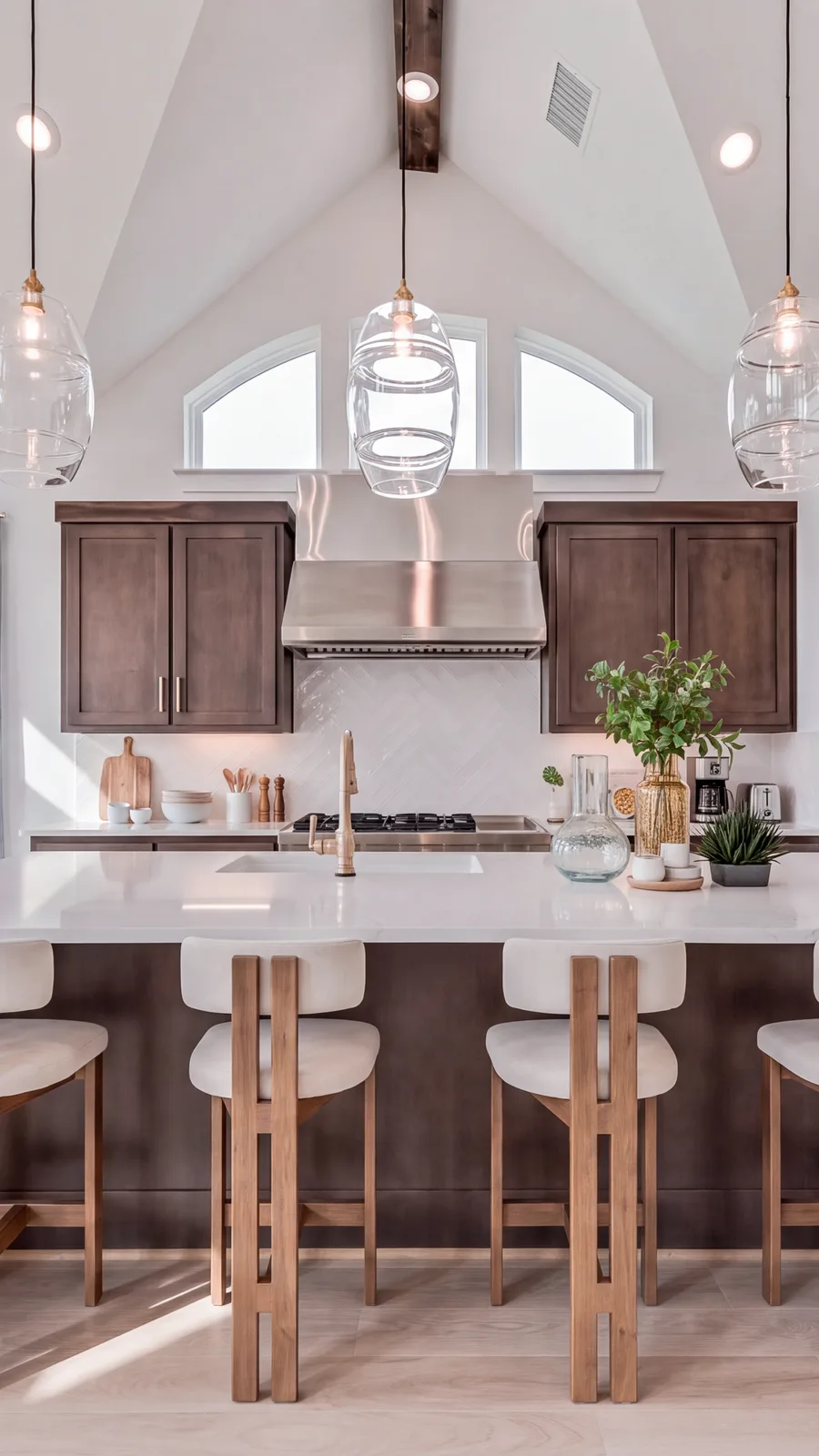Kitchen at 821 Oleander, wide frame and its stainless hood, walnut cabinets and herringbone backsplash